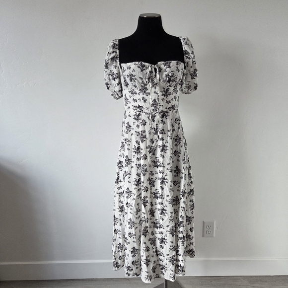 Black White Floral Milkmaid Dress Square Neck Renaissance Renfair Cottagecore S - Picture 2 of 13